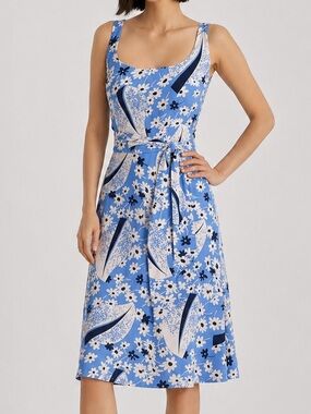 🆕🦋Lauren Ralph Lauren Blue Floral Midi Dress Belted Fit & Flare Summer Size 6